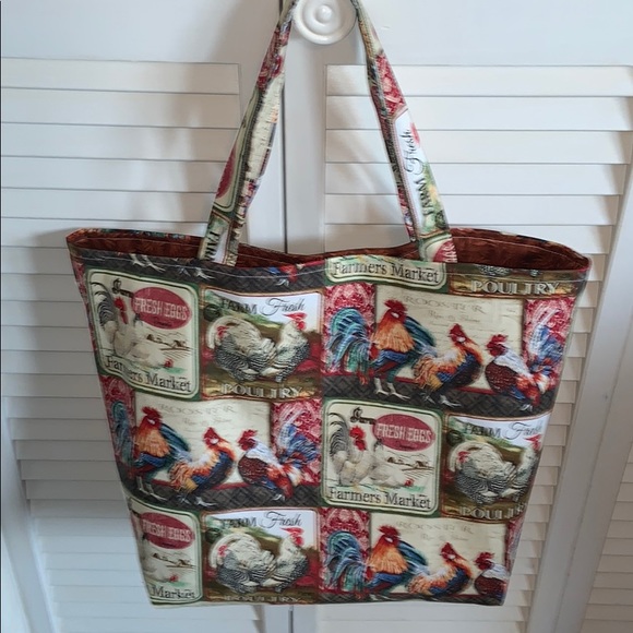 Hand Crafted Farmers Market Roosters All Purpose Reusable Tote Bag 100% Cotton - Picture 2 of 5